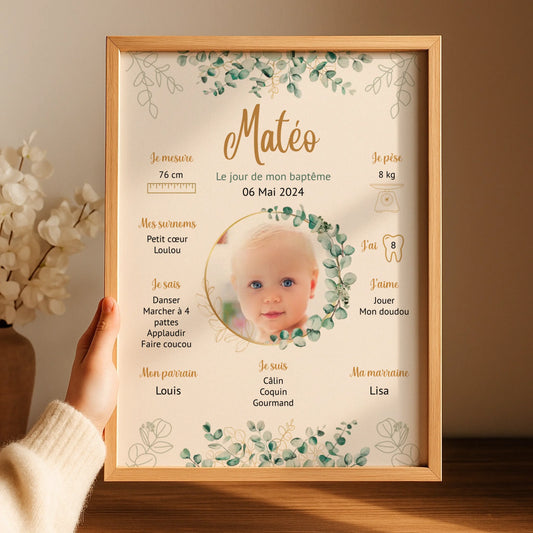 Affiche personnalisée Baptême ou Anniversaire eucalyptus