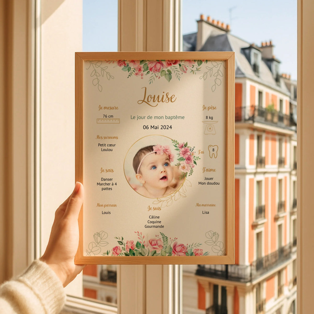 Affiche personnalisée Baptême ou Anniversaire "Bohème Roses"