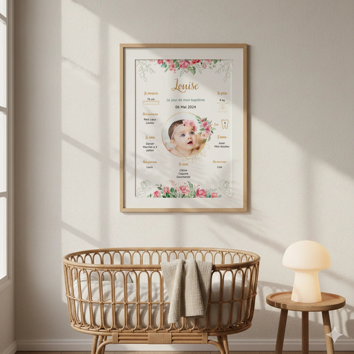 Affiche personnalisée Baptême ou Anniversaire "Bohème Roses"