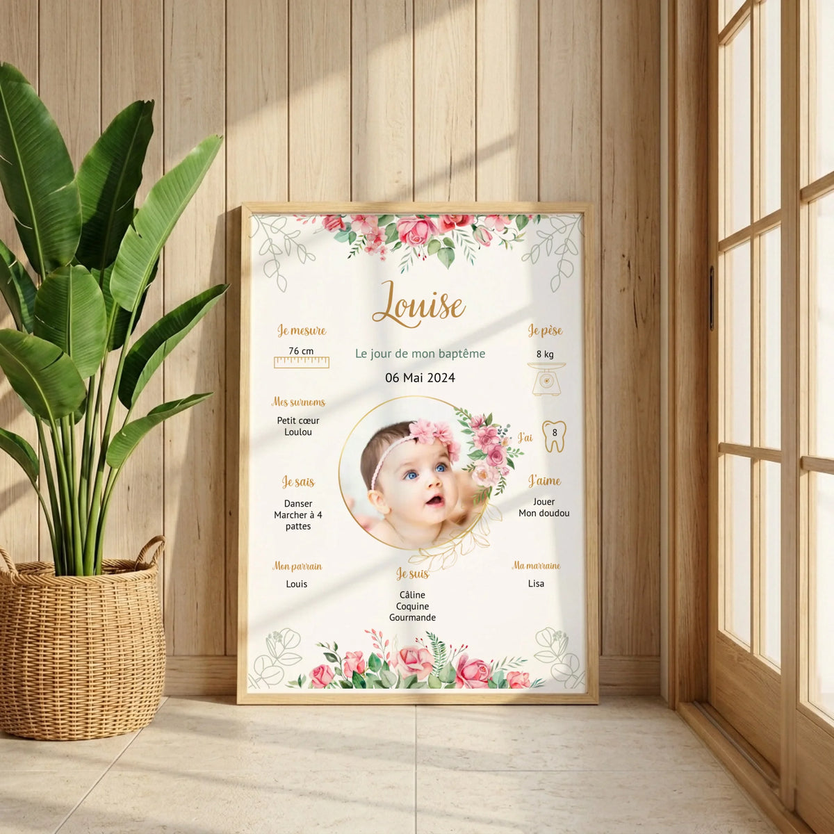 Affiche personnalisée Baptême ou Anniversaire "Bohème Roses"
