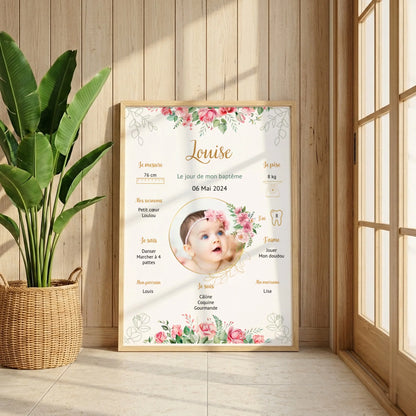 Affiche personnalisée Baptême ou Anniversaire "Bohème Roses"