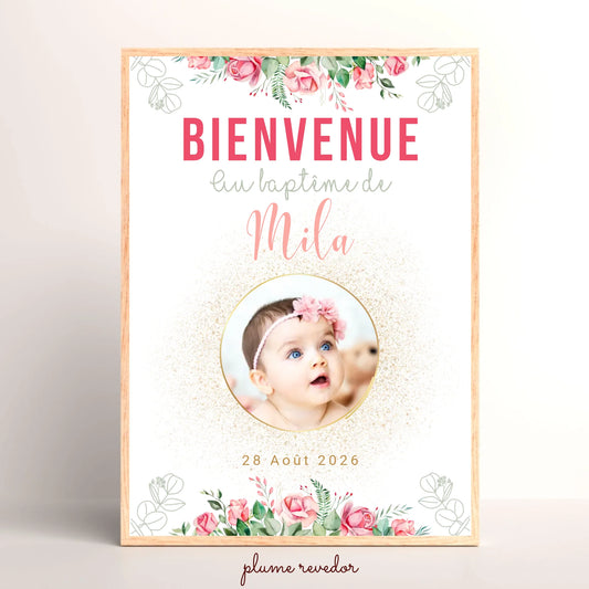 Affiche personnalisée Baptême ou Anniversaire Bienvenue "Bohème Roses" 