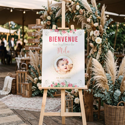Affiche personnalisée Baptême ou Anniversaire Bienvenue "Bohème Roses" 