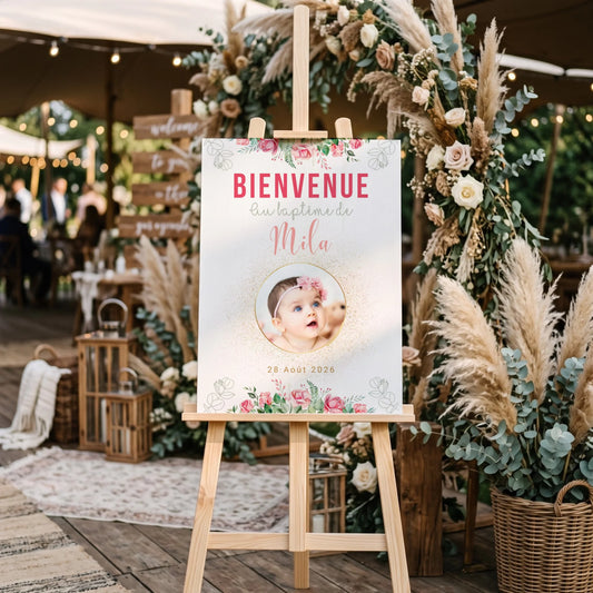 Affiche personnalisée Baptême ou Anniversaire Bienvenue "Bohème Roses" 
