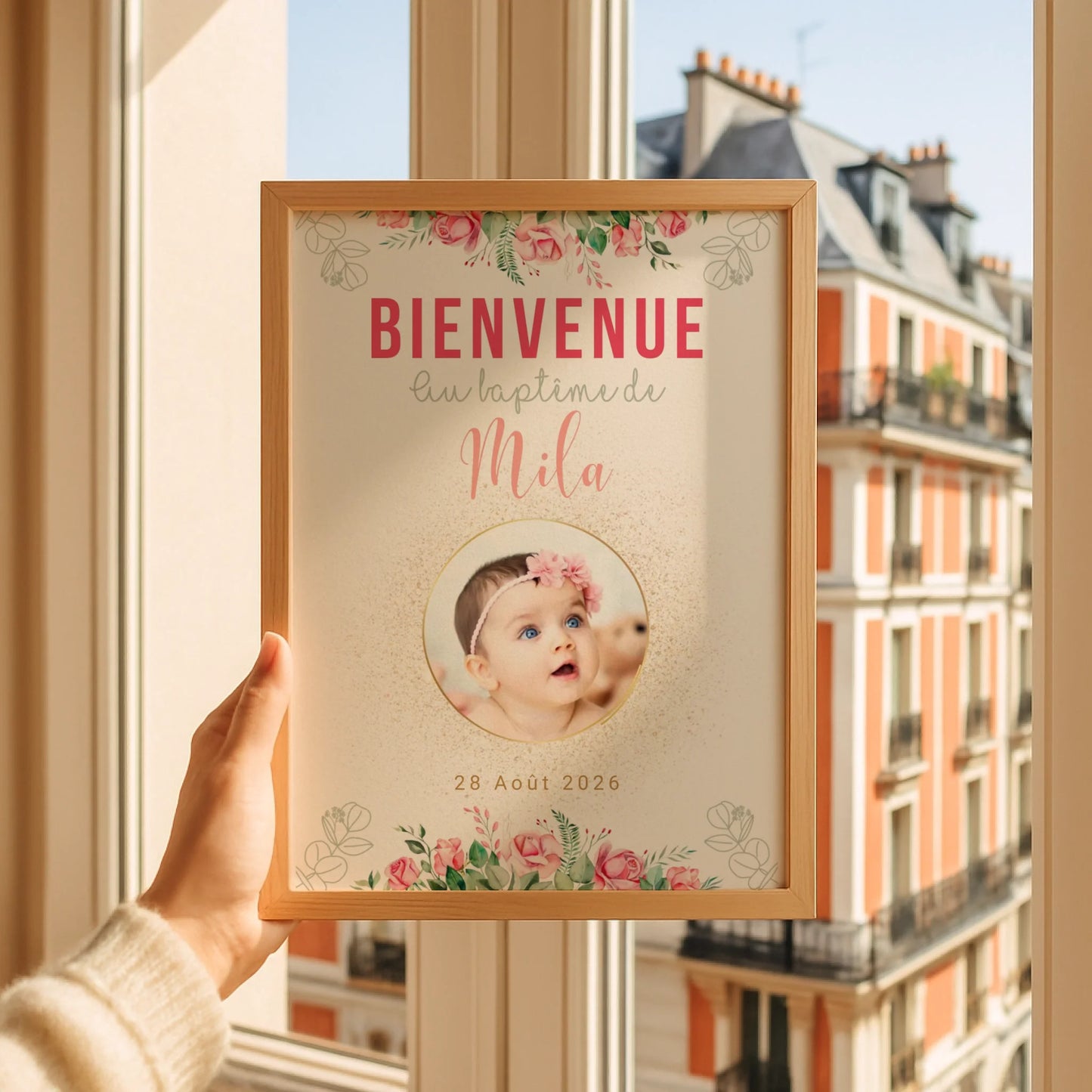 Affiche personnalisée Baptême ou Anniversaire Bienvenue "Bohème Roses" 