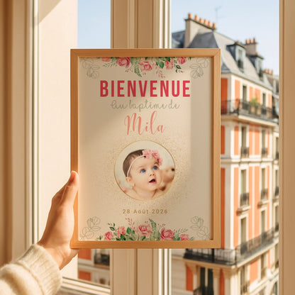 Affiche personnalisée Baptême ou Anniversaire Bienvenue "Bohème Roses" 