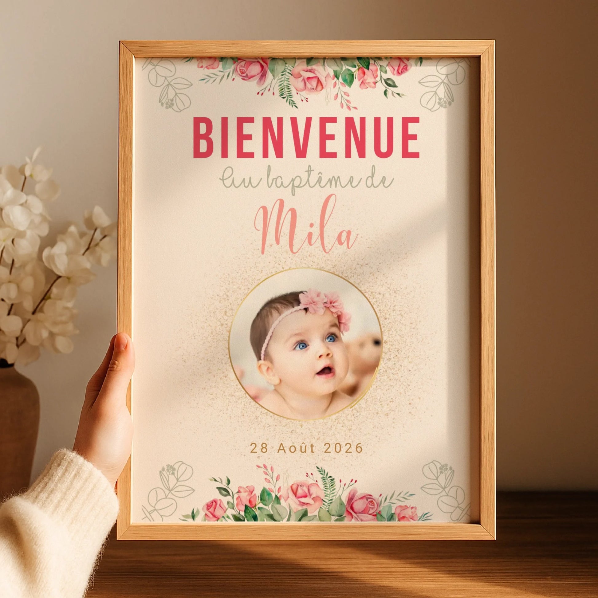Affiche personnalisée Baptême ou Anniversaire Bienvenue "Bohème Roses" 