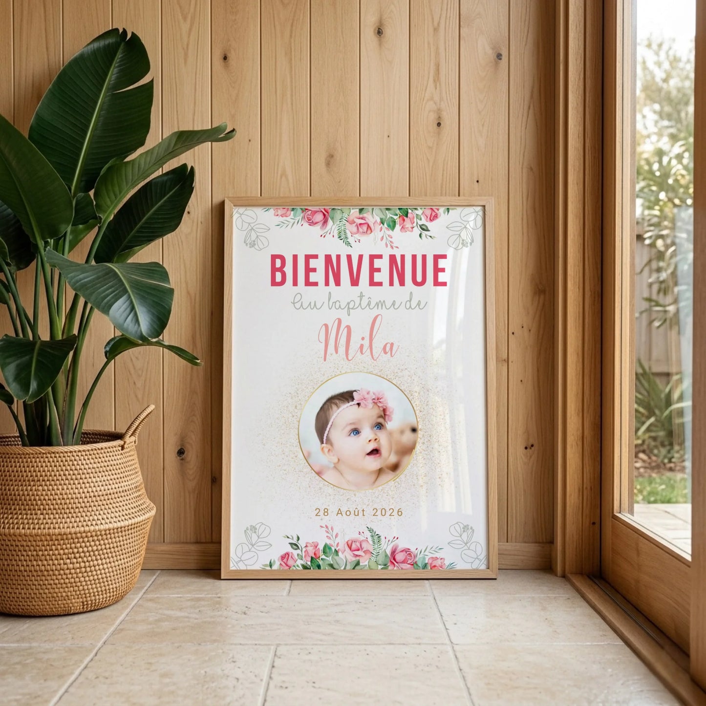 Affiche personnalisée Baptême ou Anniversaire Bienvenue "Bohème Roses" 