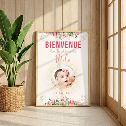 Affiche personnalisée Baptême ou Anniversaire Bienvenue "Bohème Roses" 