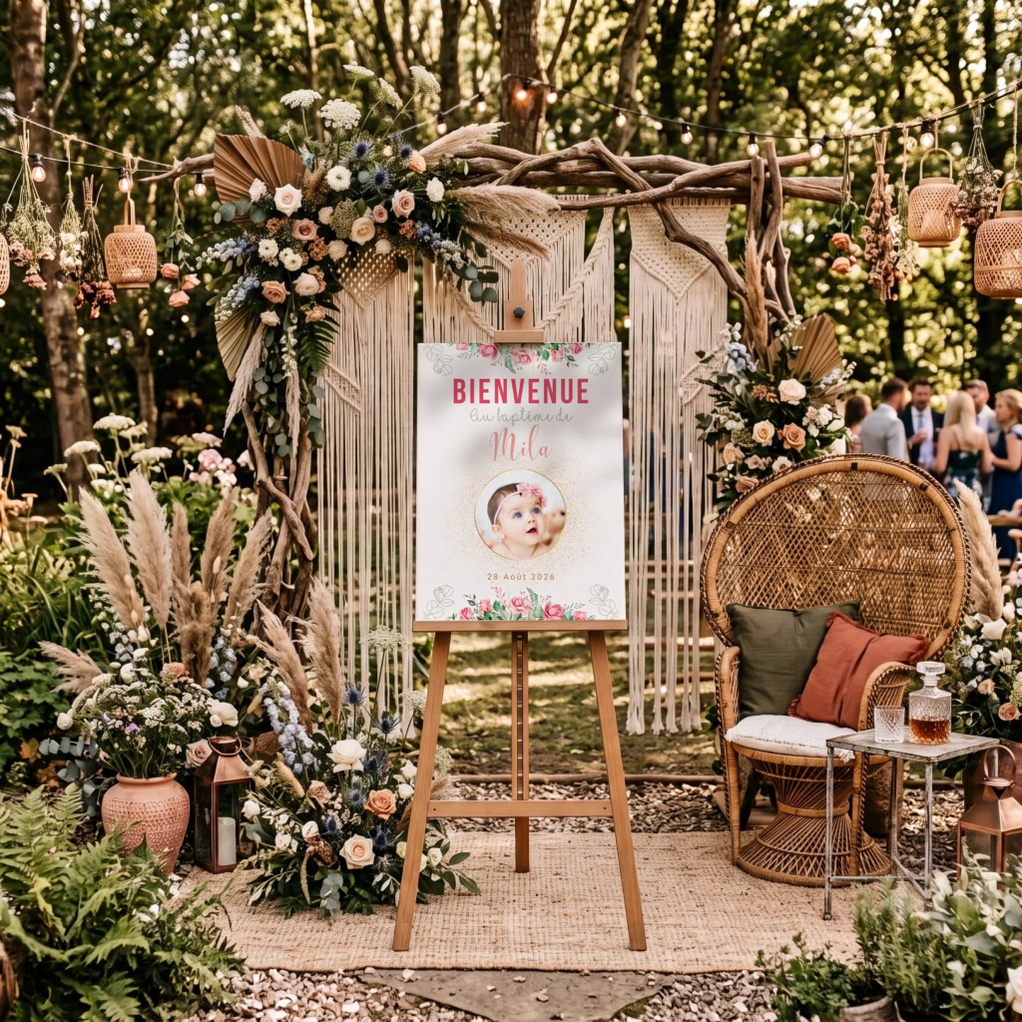 Affiche personnalisée Baptême ou Anniversaire Bienvenue "Bohème Roses" 
