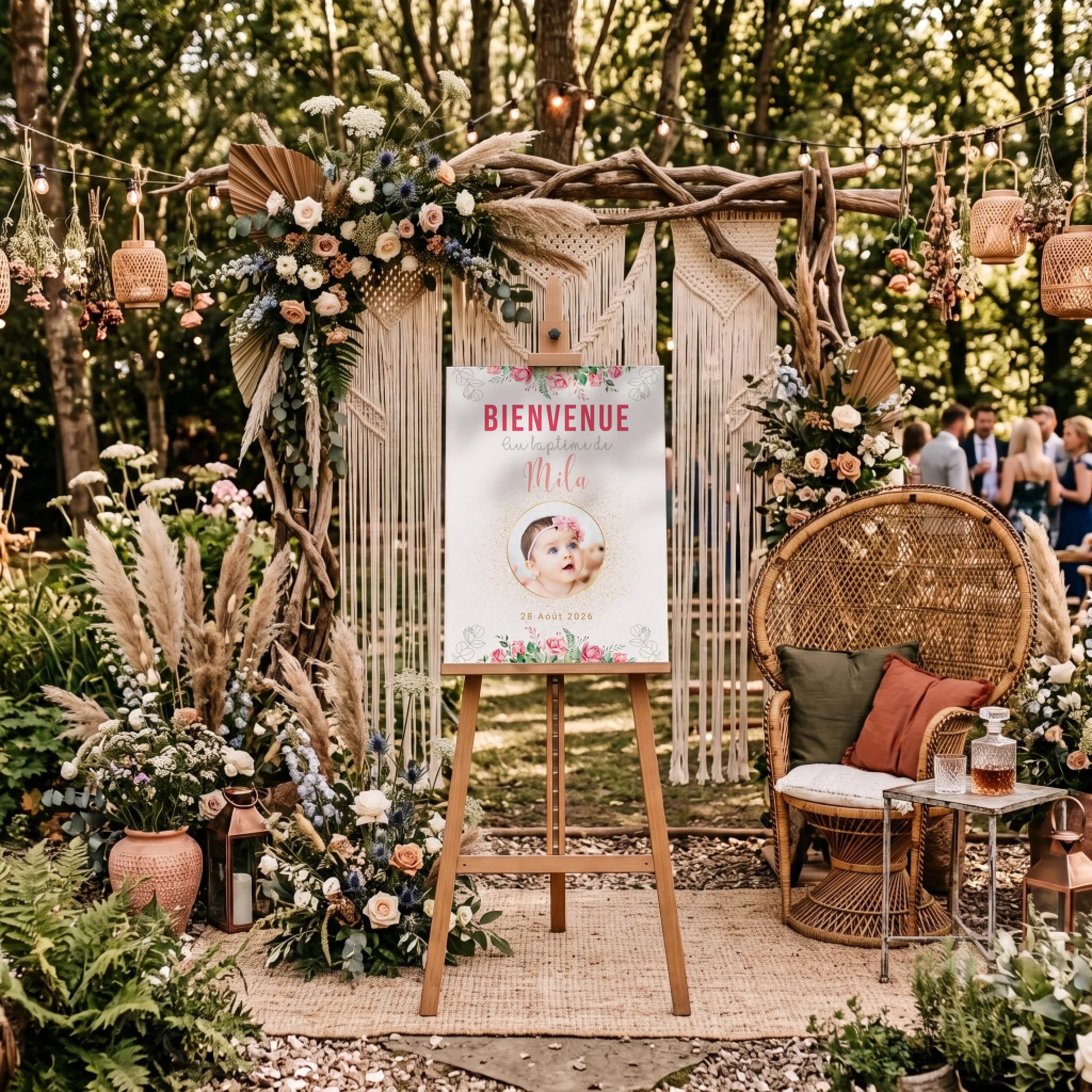 Affiche personnalisée Baptême ou Anniversaire Bienvenue "Bohème Roses" 