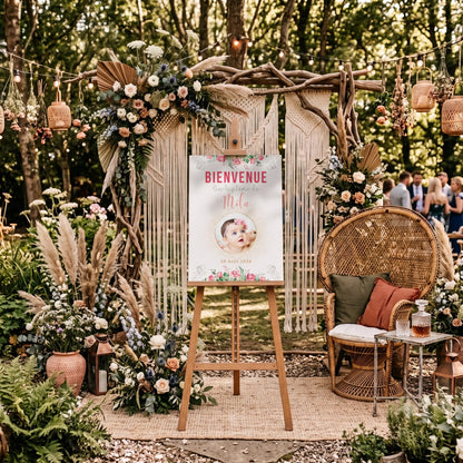 Affiche personnalisée Baptême ou Anniversaire Bienvenue "Bohème Roses" 