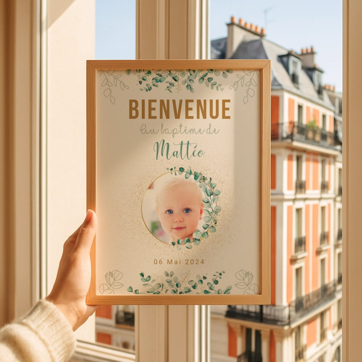 Affiche personnalisée Baptême ou Anniversaire Bienvenue "Eucalyptus OR"  