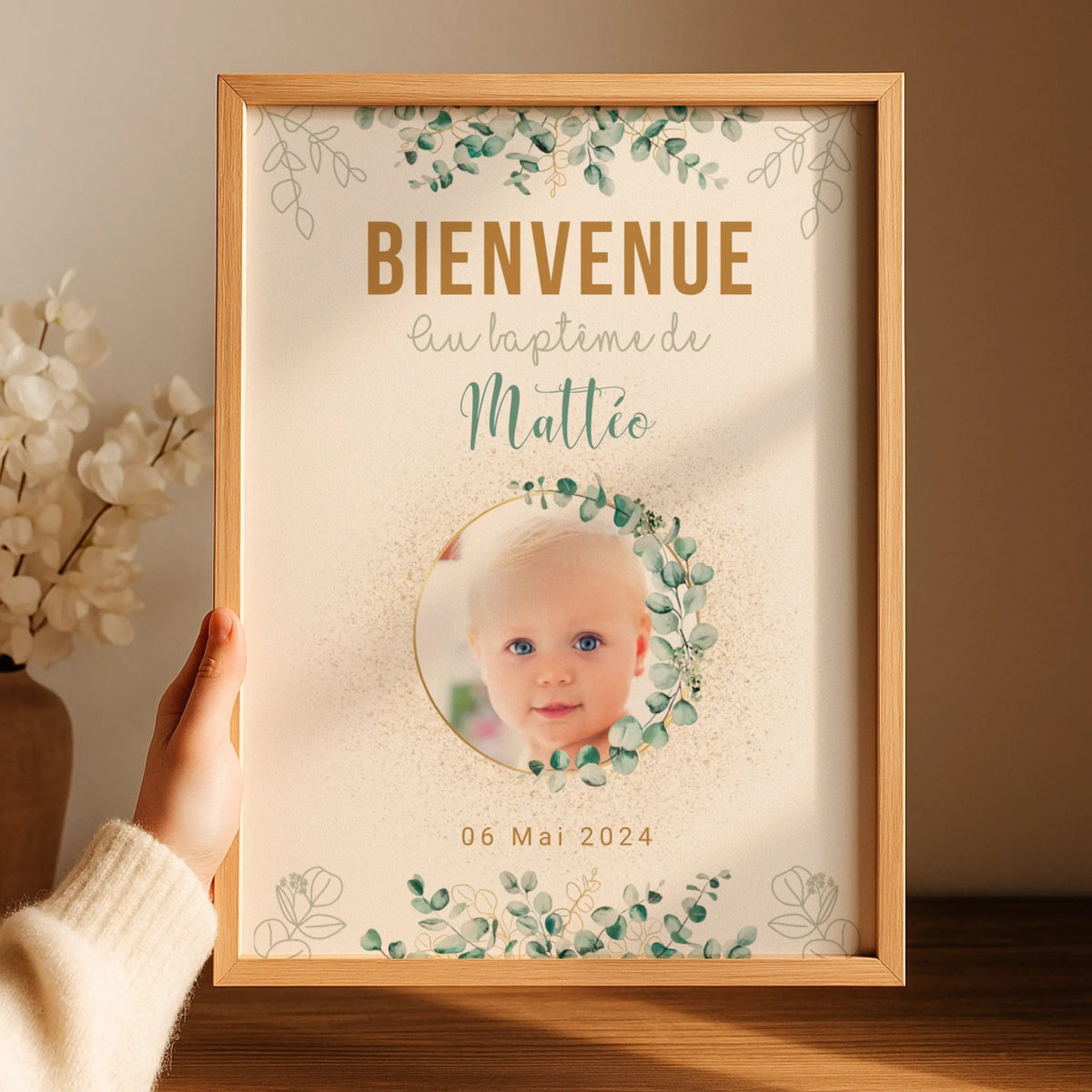 Affiche personnalisée Baptême ou Anniversaire Bienvenue "Eucalyptus OR"