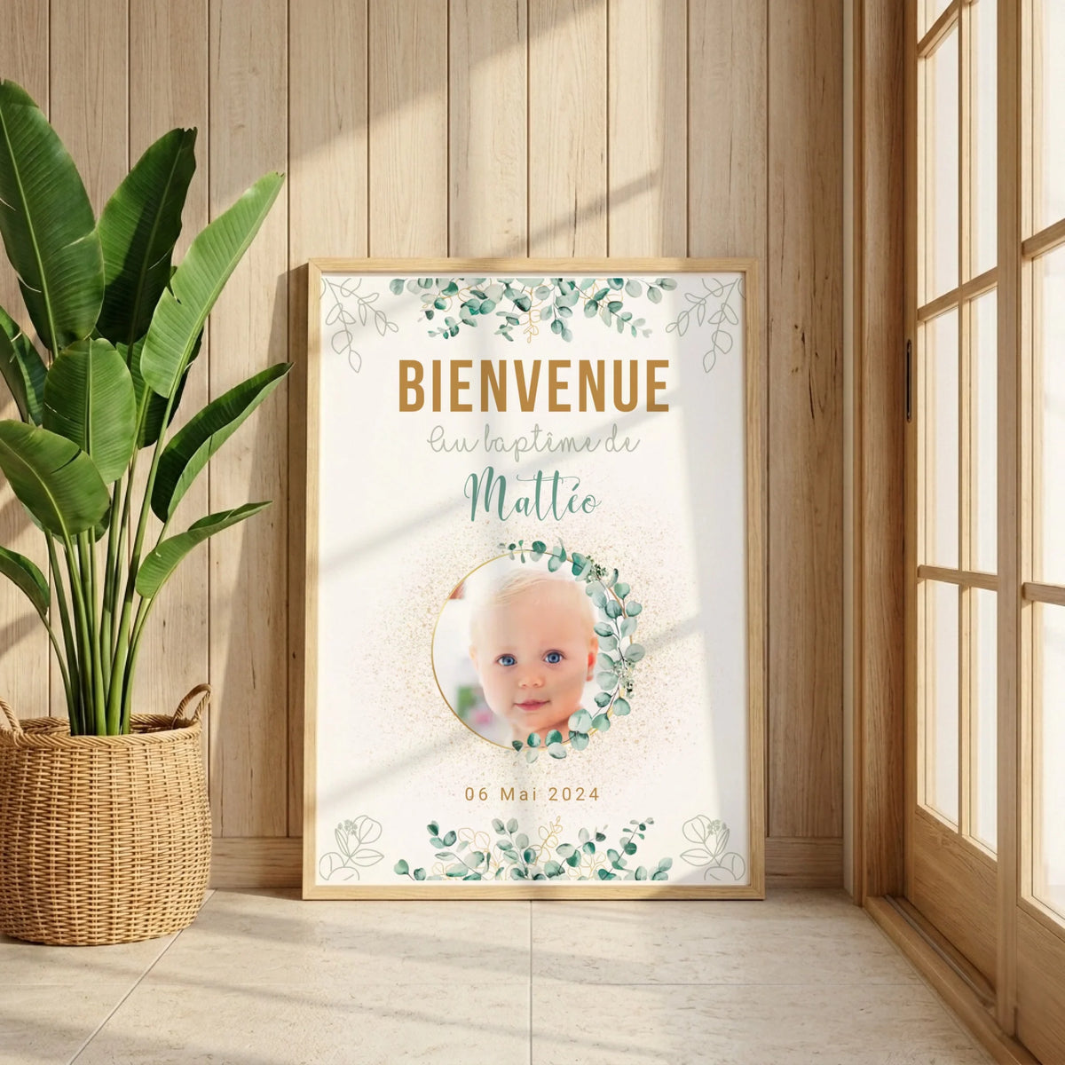 Affiche personnalisée Baptême ou Anniversaire Bienvenue "Eucalyptus OR"