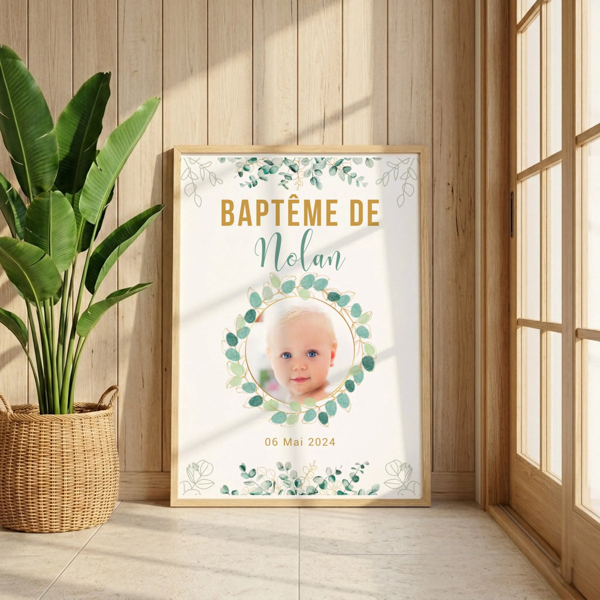 Affiche personnalisée Baptême ou Anniversaire arbre à empreintes "eucalyptus" avec photo