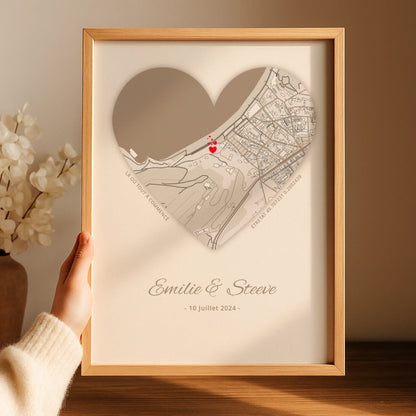 Affiche personnalisée couple carte du lieu de rencontre Cœur - cadeau personnalisé couple