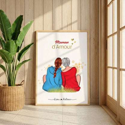 Affiche personnalisée - Maman - Mère Fille - Portrait famille de dos - Cadeau maman - Cadeau Fête des mères