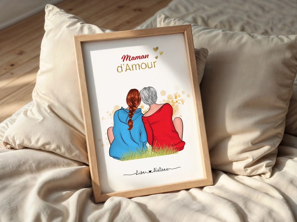 Affiche personnalisée - Maman - Mère Fille - Portrait famille de dos - Cadeau maman - Cadeau Fête des mères