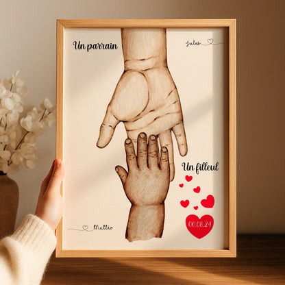 Affiche personnalisée - Mains Parrain Marraine Filleul(e) - Cadeau baptême