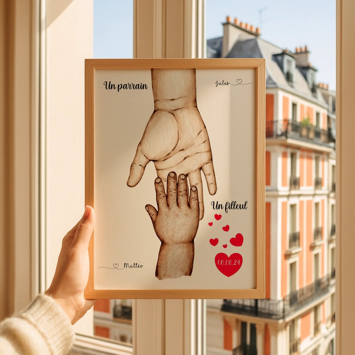 Affiche personnalisée - Mains Parrain Marraine Filleul(e) - Cadeau baptême