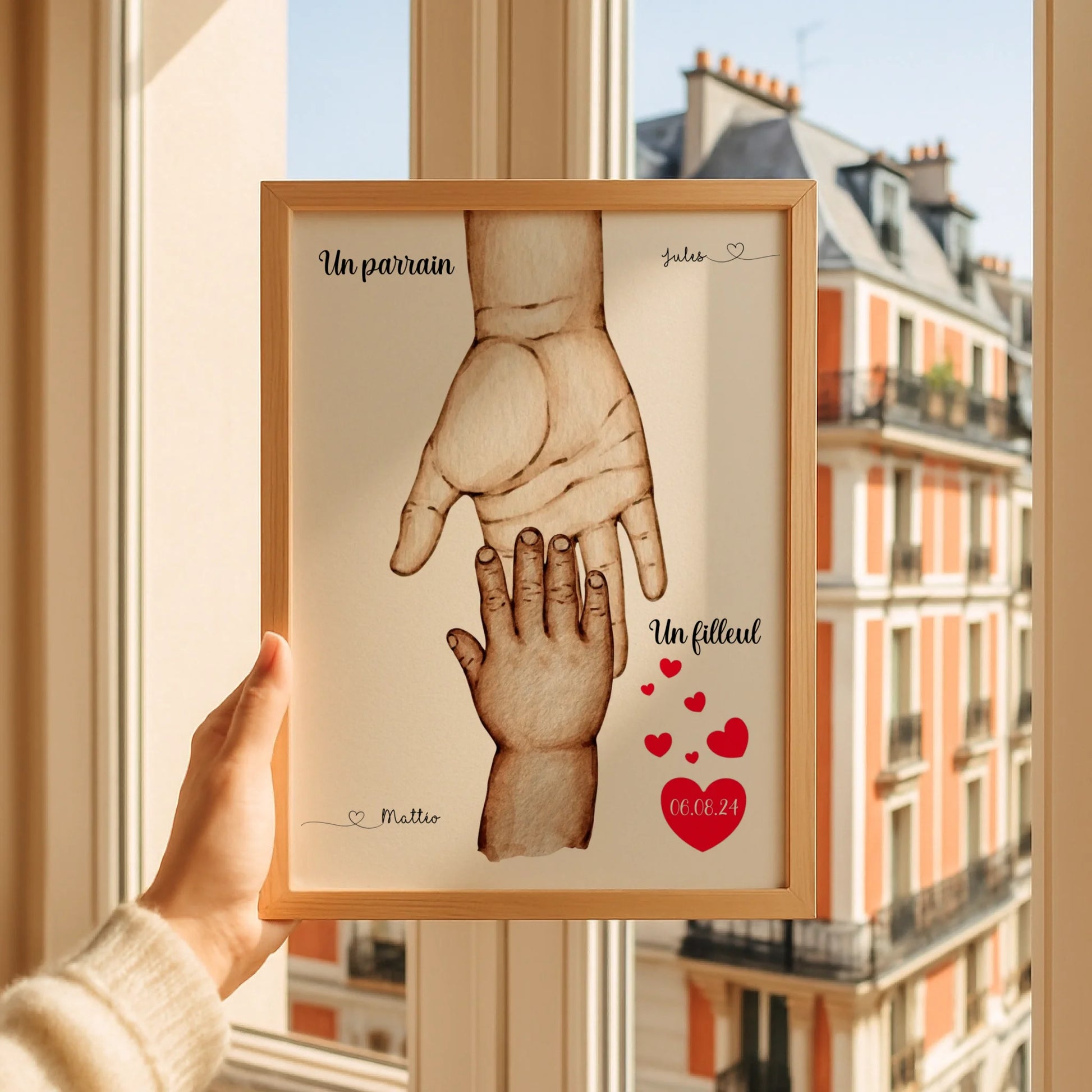 Affiche personnalisée - Mains Parrain Marraine Filleul(e) - Cadeau baptême