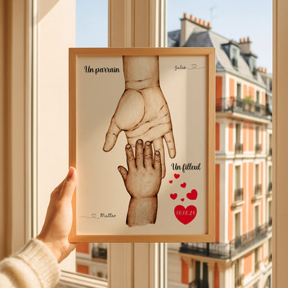 Affiche personnalisée - Mains Parrain Marraine Filleul(e) - Cadeau baptême