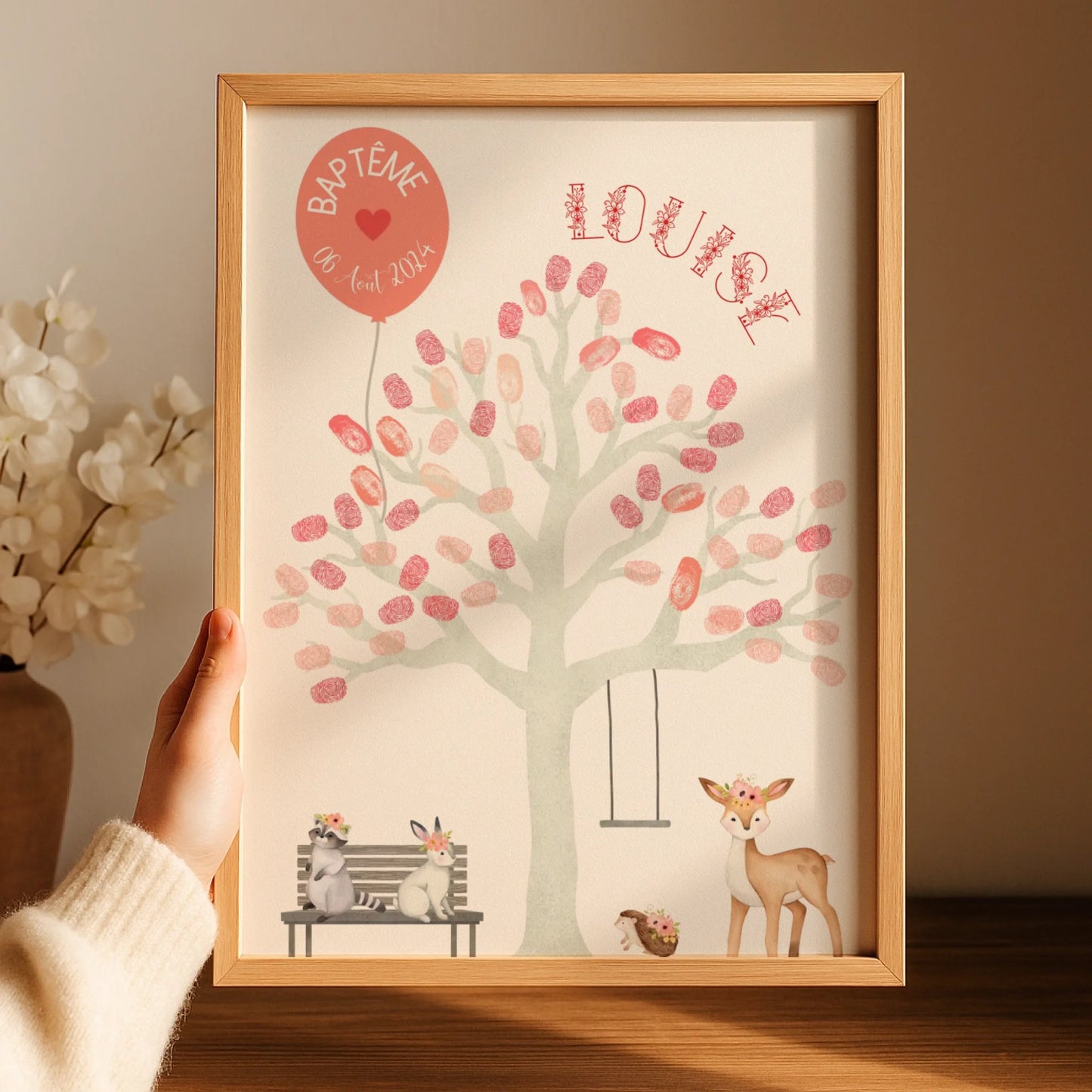Affiche personnalisée - Baptême ou Anniversaire arbre à empreintes animaux de la forêt