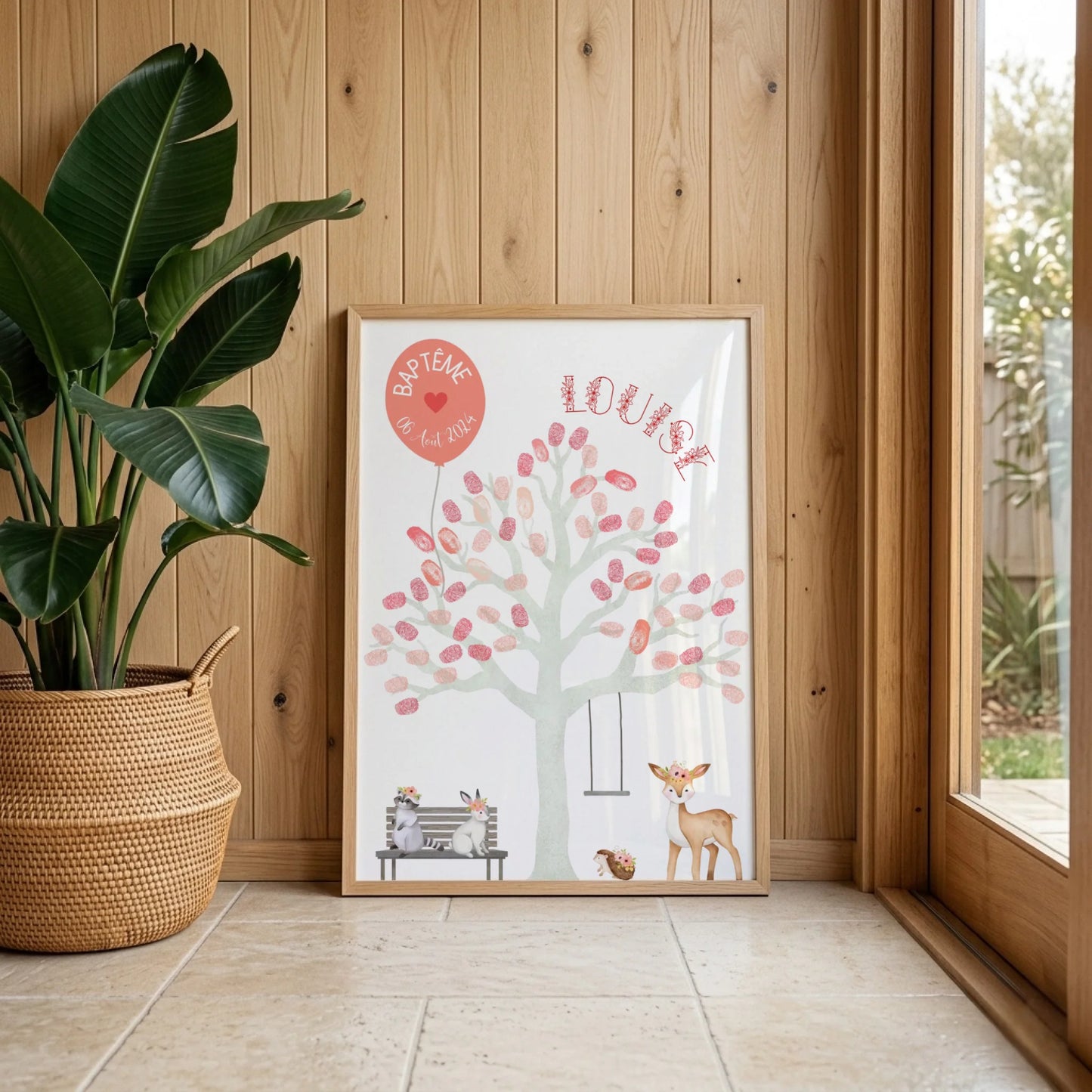 Affiche personnalisée - Baptême ou Anniversaire arbre à empreintes animaux de la forêt