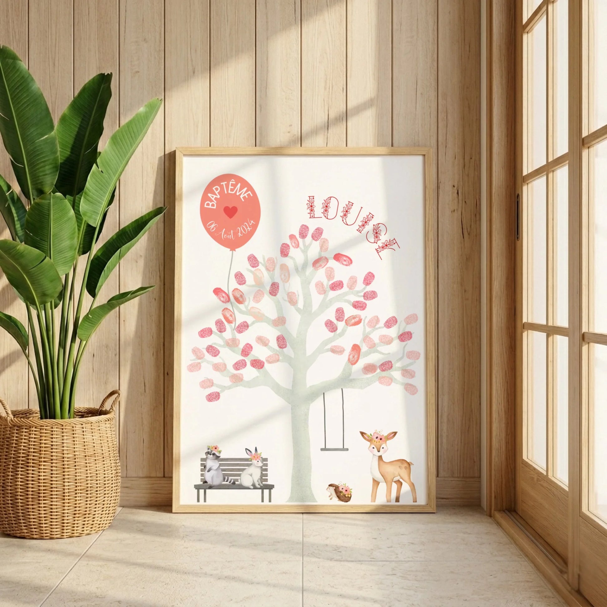 Affiche personnalisée - Baptême ou Anniversaire arbre à empreintes animaux de la forêt