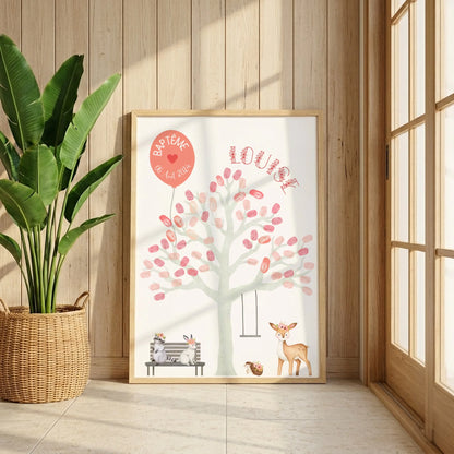 Affiche personnalisée - Baptême ou Anniversaire arbre à empreintes animaux de la forêt