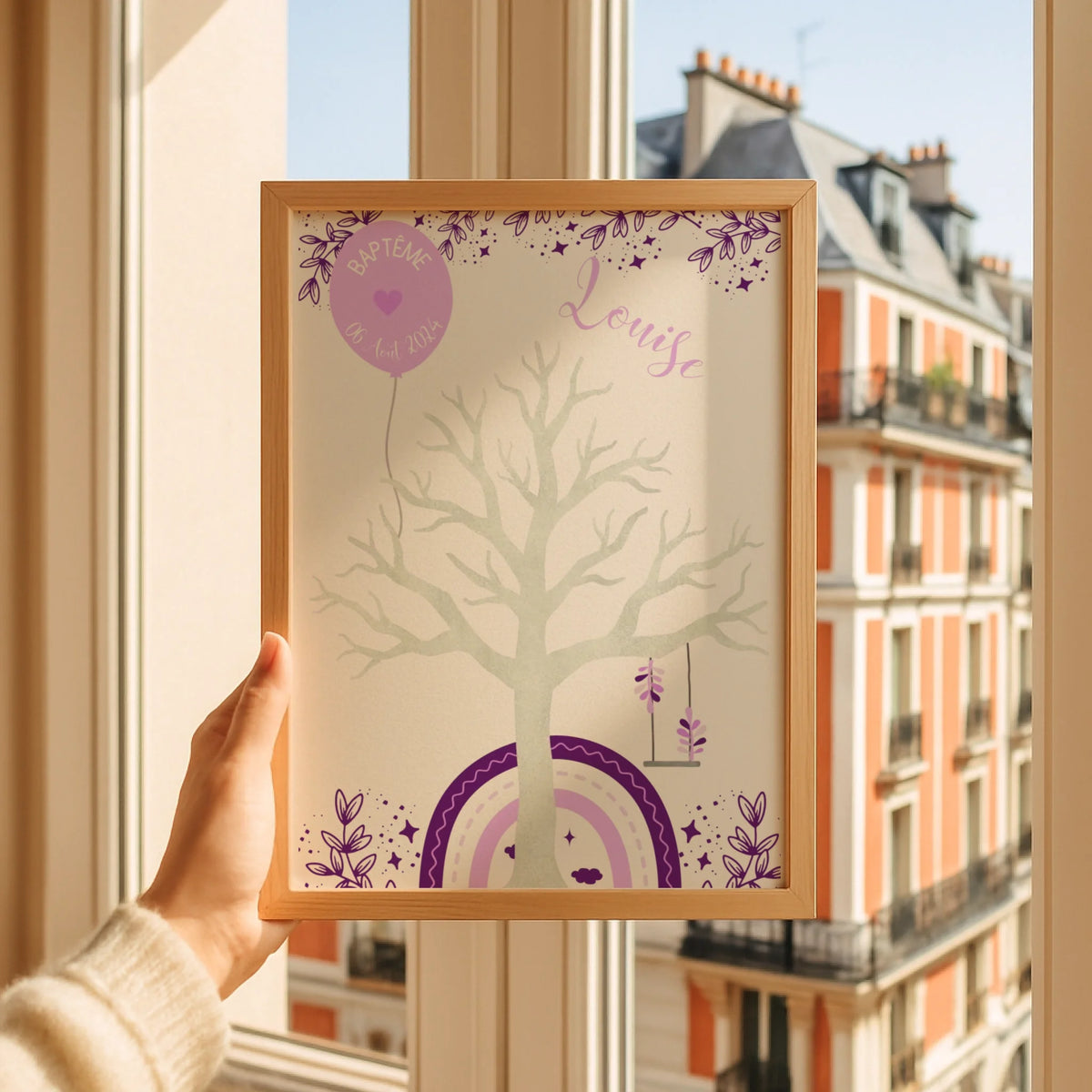 Affiche personnalisée - Baptême ou Anniversaire arbre à empreintes arc-en-ciel violet