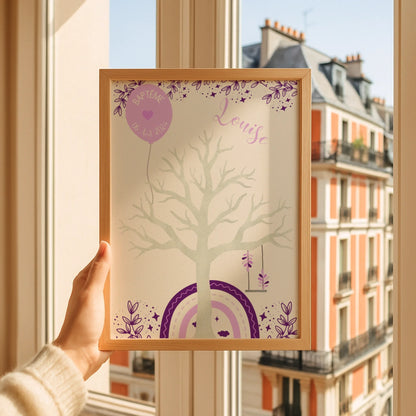 Affiche personnalisée - Baptême ou Anniversaire arbre à empreintes arc-en-ciel violet