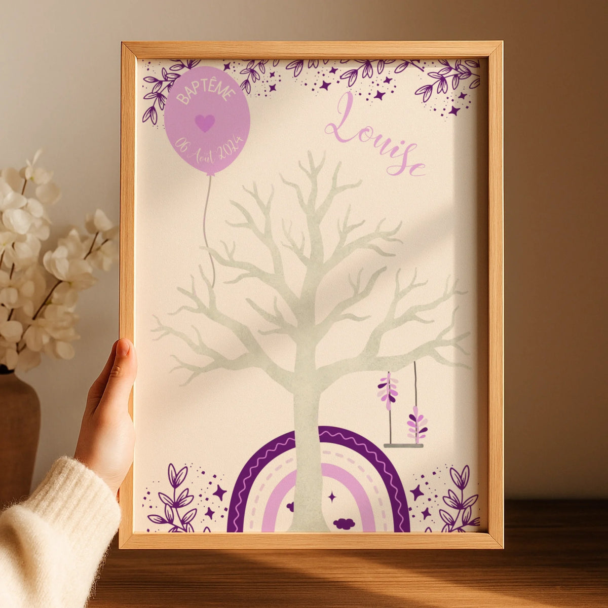 Affiche personnalisée - Baptême ou Anniversaire arbre à empreintes arc-en-ciel violet
