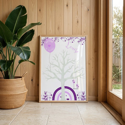 Affiche personnalisée - Baptême ou Anniversaire arbre à empreintes arc-en-ciel violet
