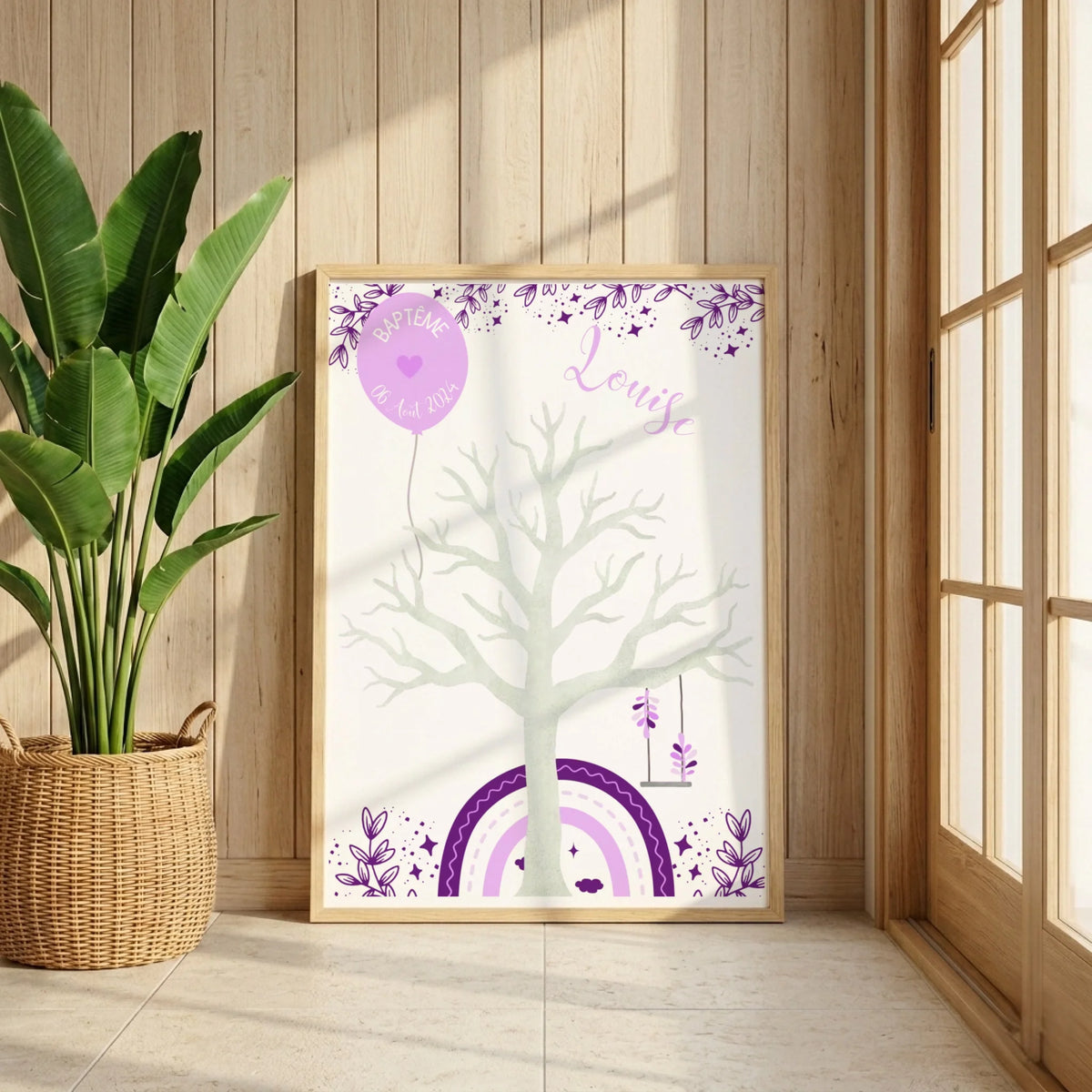 Affiche personnalisée - Baptême ou Anniversaire arbre à empreintes arc-en-ciel violet