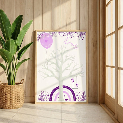 Affiche personnalisée - Baptême ou Anniversaire arbre à empreintes arc-en-ciel violet