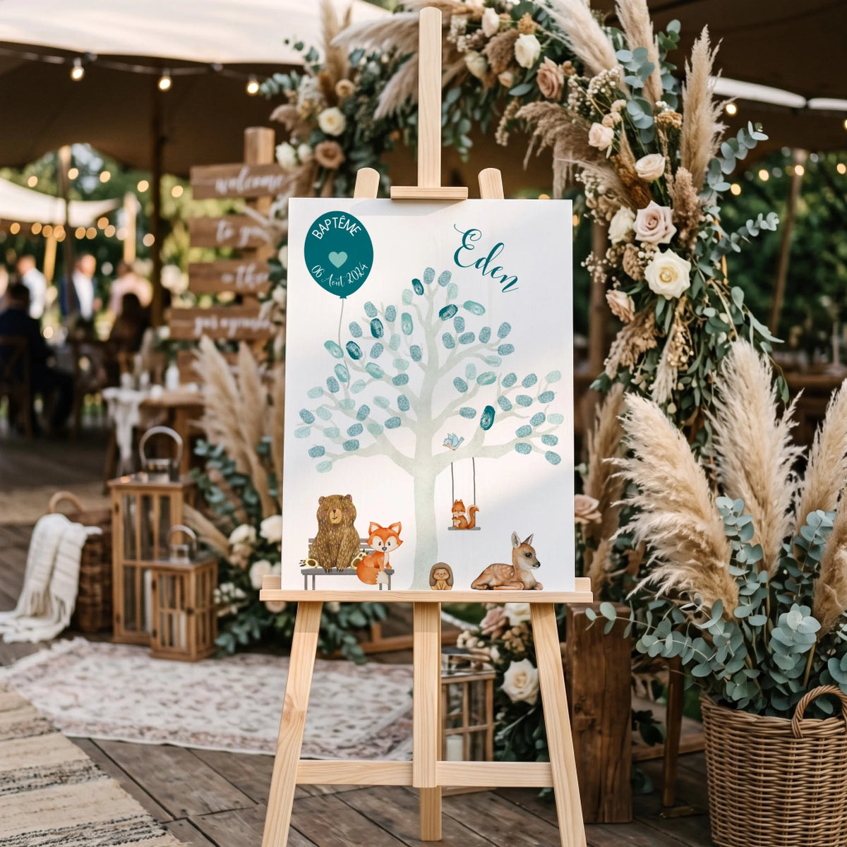 Affiche personnalisée - Baptême ou Anniversaire arbre à empreintes animaux de la forêt bleu