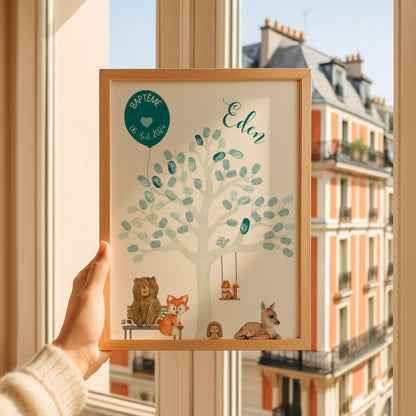 Affiche personnalisée - Baptême ou Anniversaire arbre à empreintes animaux de la forêt bleu