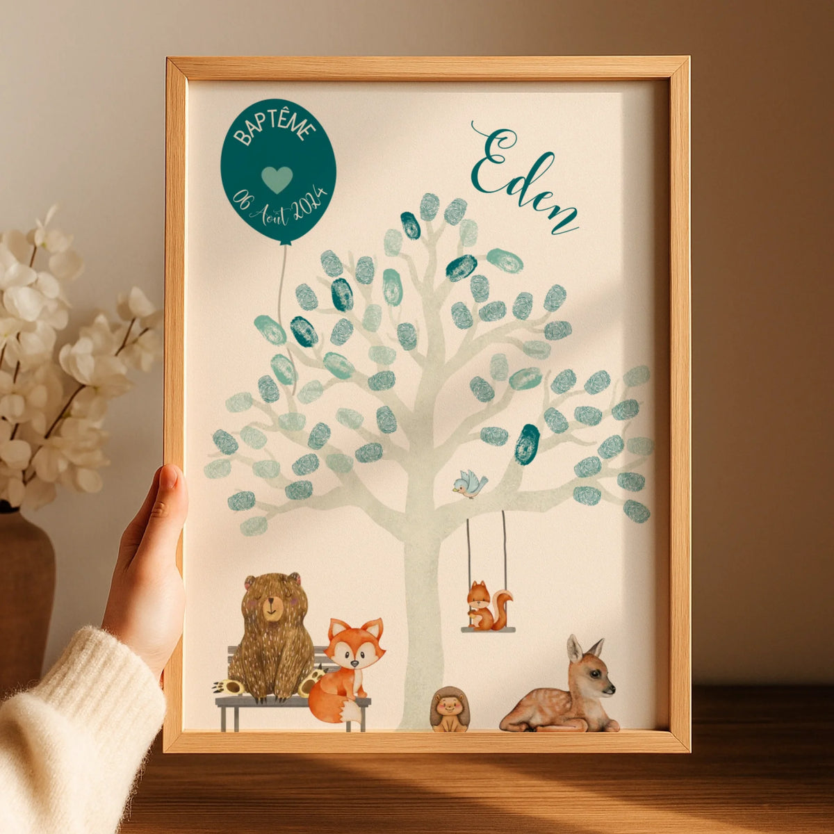 Affiche personnalisée - Baptême ou Anniversaire arbre à empreintes animaux de la forêt bleu
