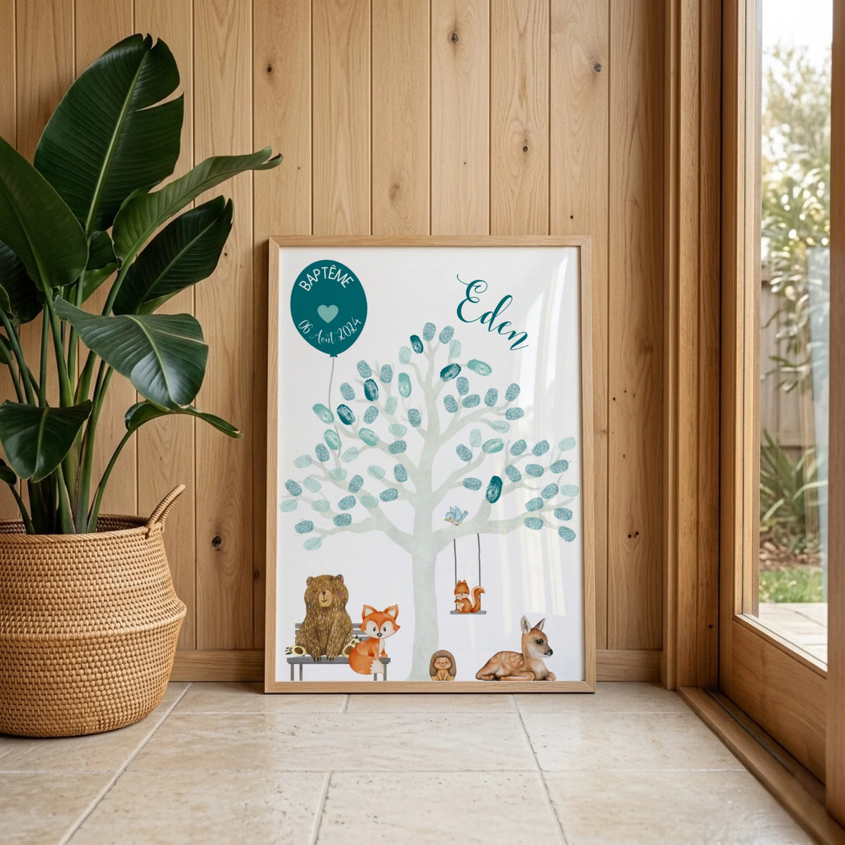 Affiche personnalisée - Baptême ou Anniversaire arbre à empreintes animaux de la forêt bleu