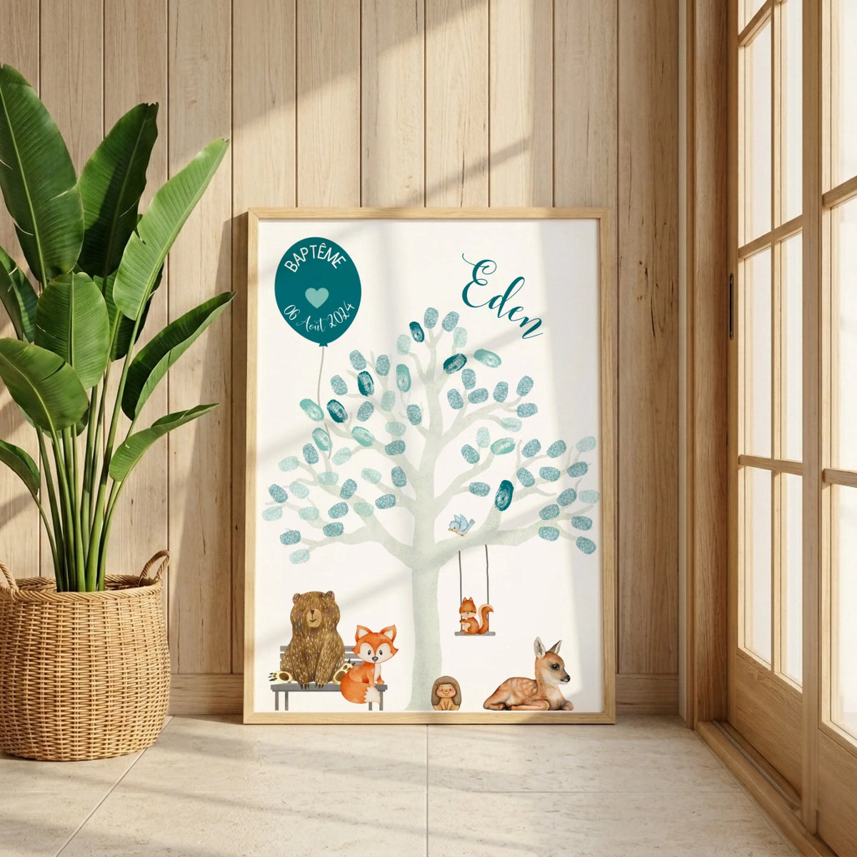 Affiche personnalisée - Baptême ou Anniversaire arbre à empreintes animaux de la forêt bleu