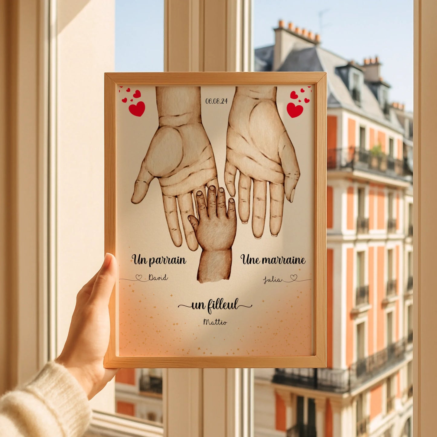 Affiche personnalisée - Main dans la main Parrain Marraine et Filleul(e) - Baptême