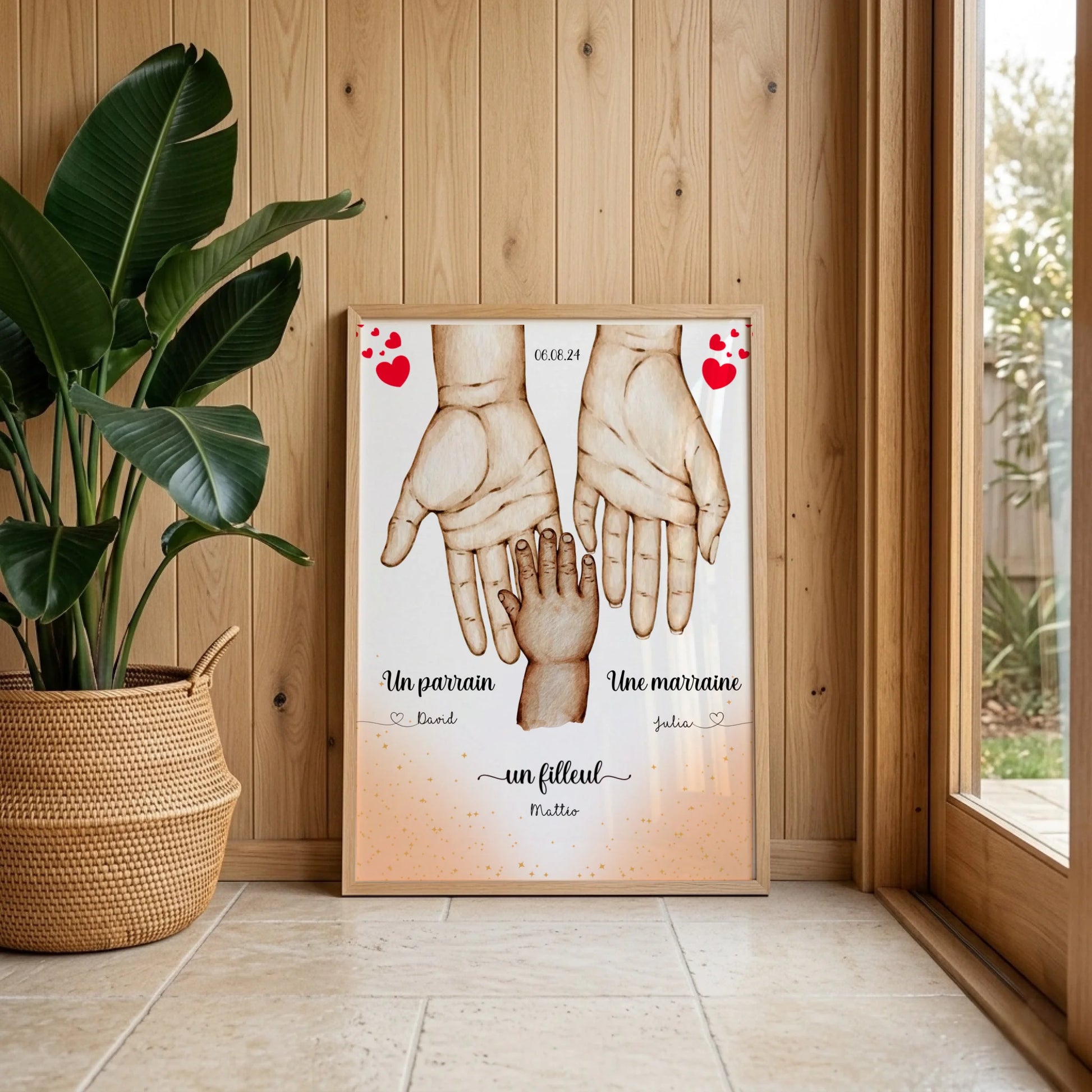 Affiche personnalisée - Main dans la main Parrain Marraine et Filleul(e) - Baptême