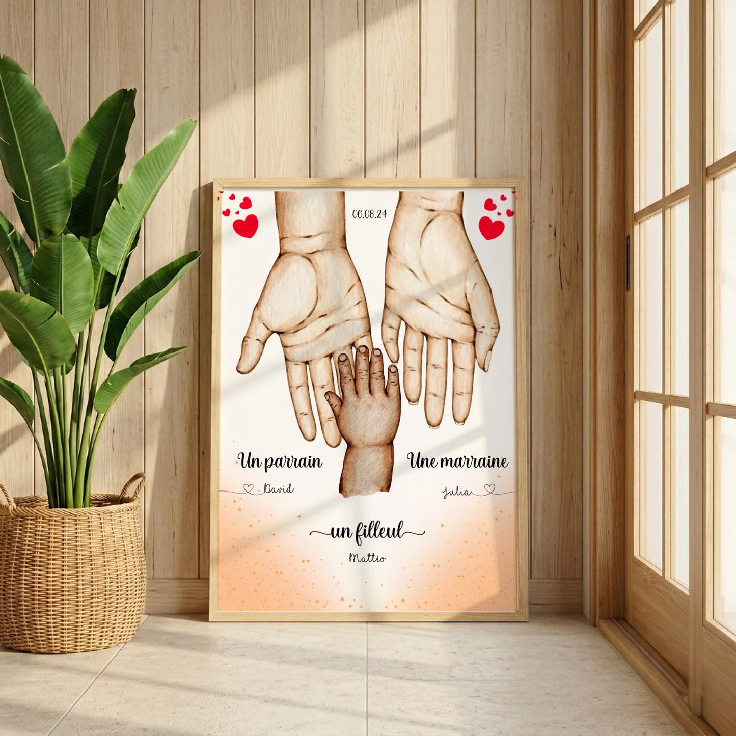 Affiche personnalisée - Main dans la main Parrain Marraine et Filleul(e) - Baptême