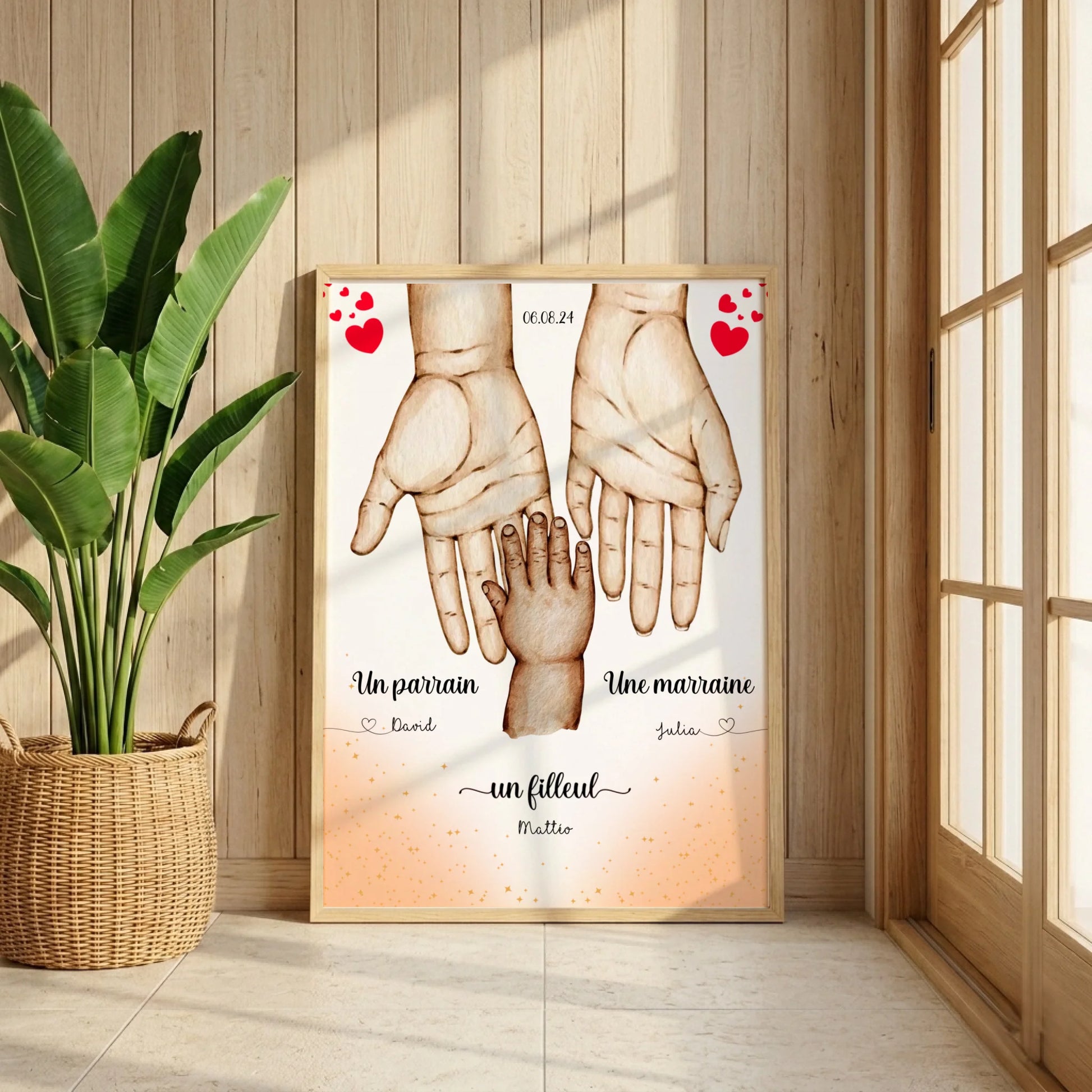 Affiche personnalisée - Main dans la main Parrain Marraine et Filleul(e) - Baptême