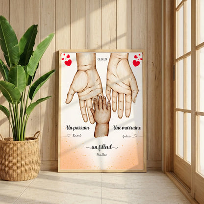 Affiche personnalisée - Main dans la main Parrain Marraine et Filleul(e) - Baptême