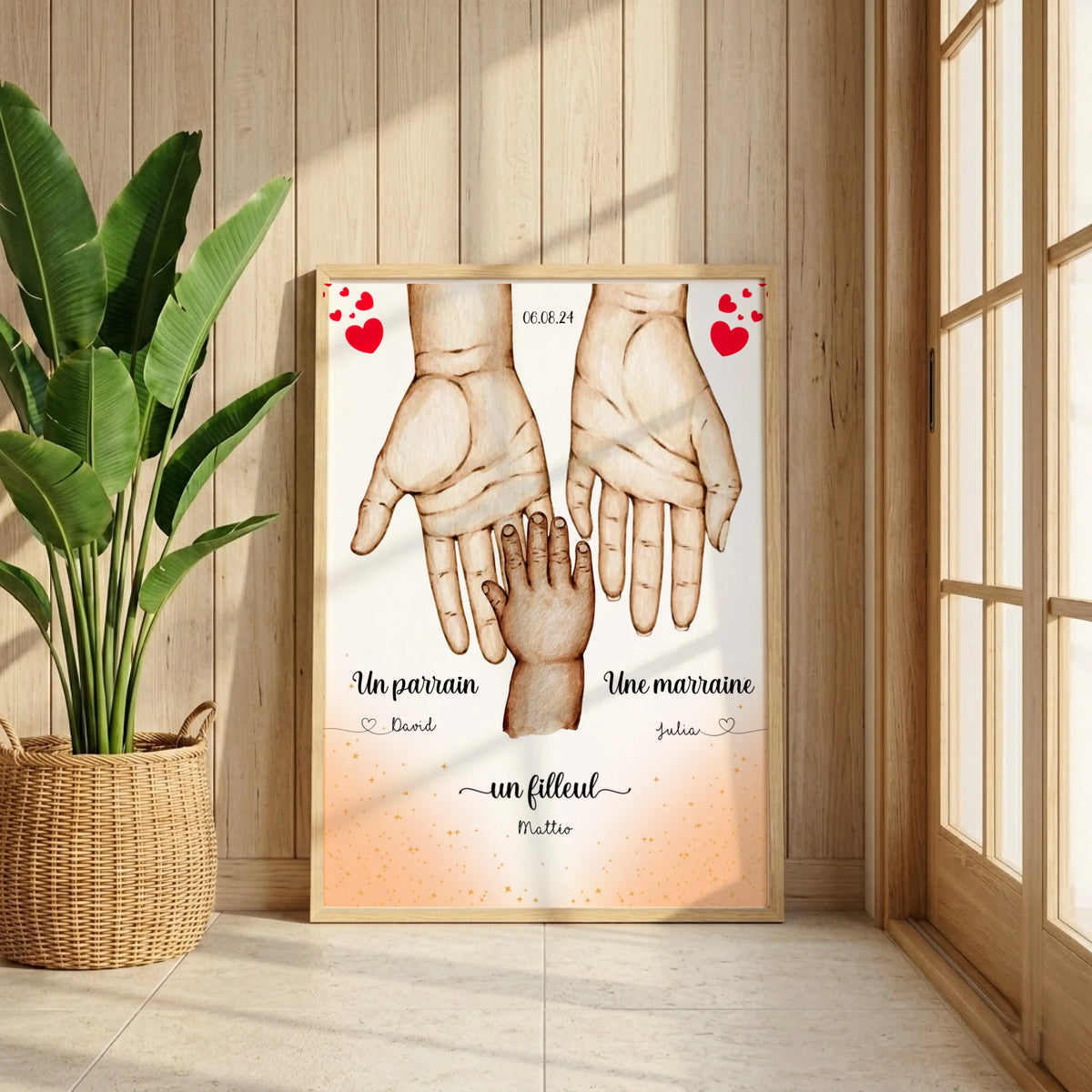 Affiche personnalisée - Main dans la main Parrain Marraine et Filleul(e) - Baptême