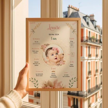 Affiche personnalisée Baptême ou Anniversaire "Champêtre" Fille