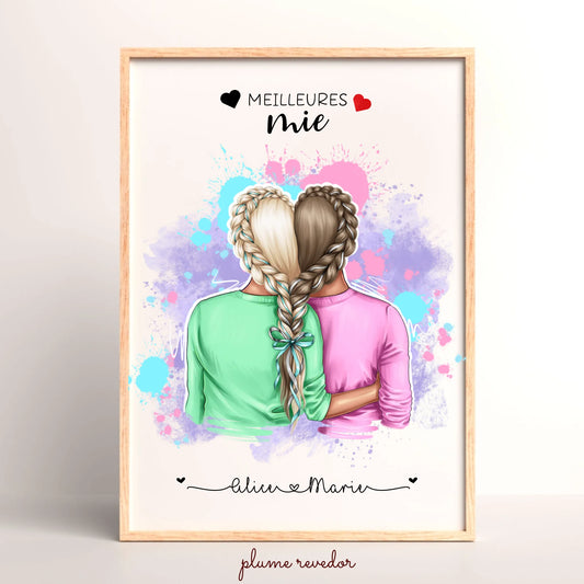 Affiche Personnalisée Meilleures Amies Nattes cœur